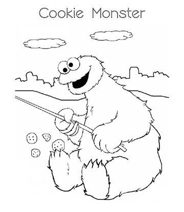 Cookie Monster Goes Fishing Coloring Page for kids