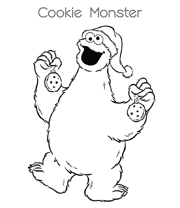 Cookie Monster in Christmas Hat Coloring Page for kids