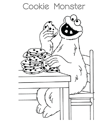 Cookie Monster Eating Pile of Cookies Coloring Image for kids