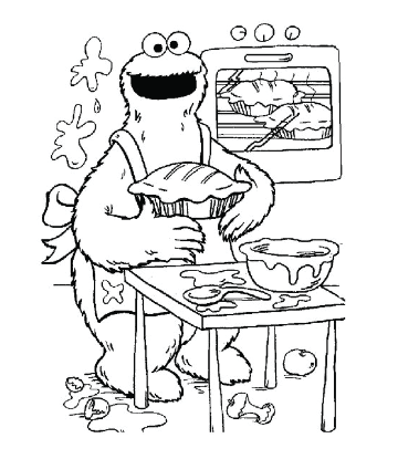 Cookie Monster Making Cookies Coloring Page for kids