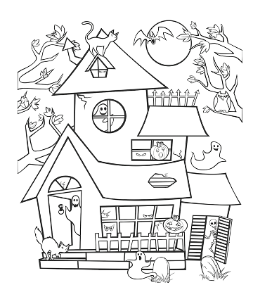 Halloween Haunted House Coloring Page for kids