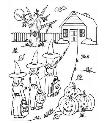 Halloween Trick-or-Treating Coloring Sheet for kids